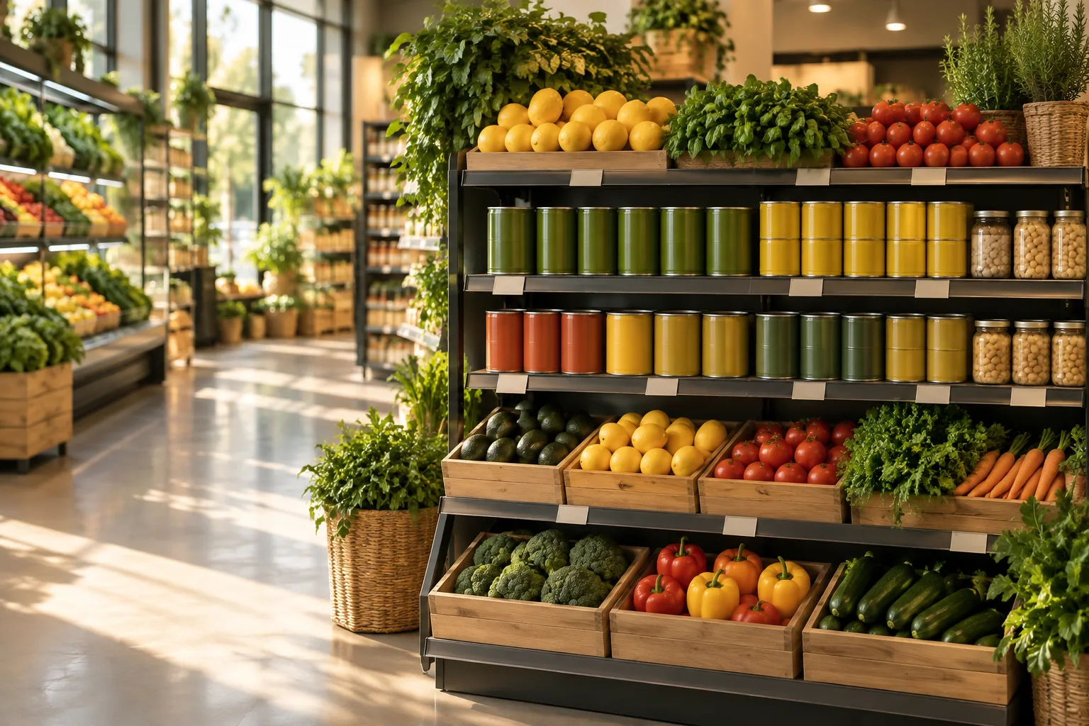 Illustration of a colorful grocery aisle with fresh produce